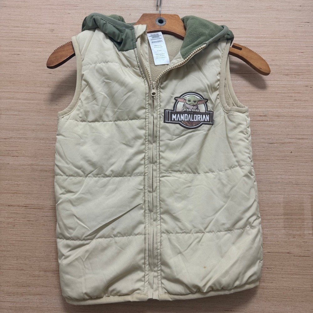 Star Wars The Mandalorian Grogu Baby Yoda Puffer Vest Tan Green Hood Ears Size 7